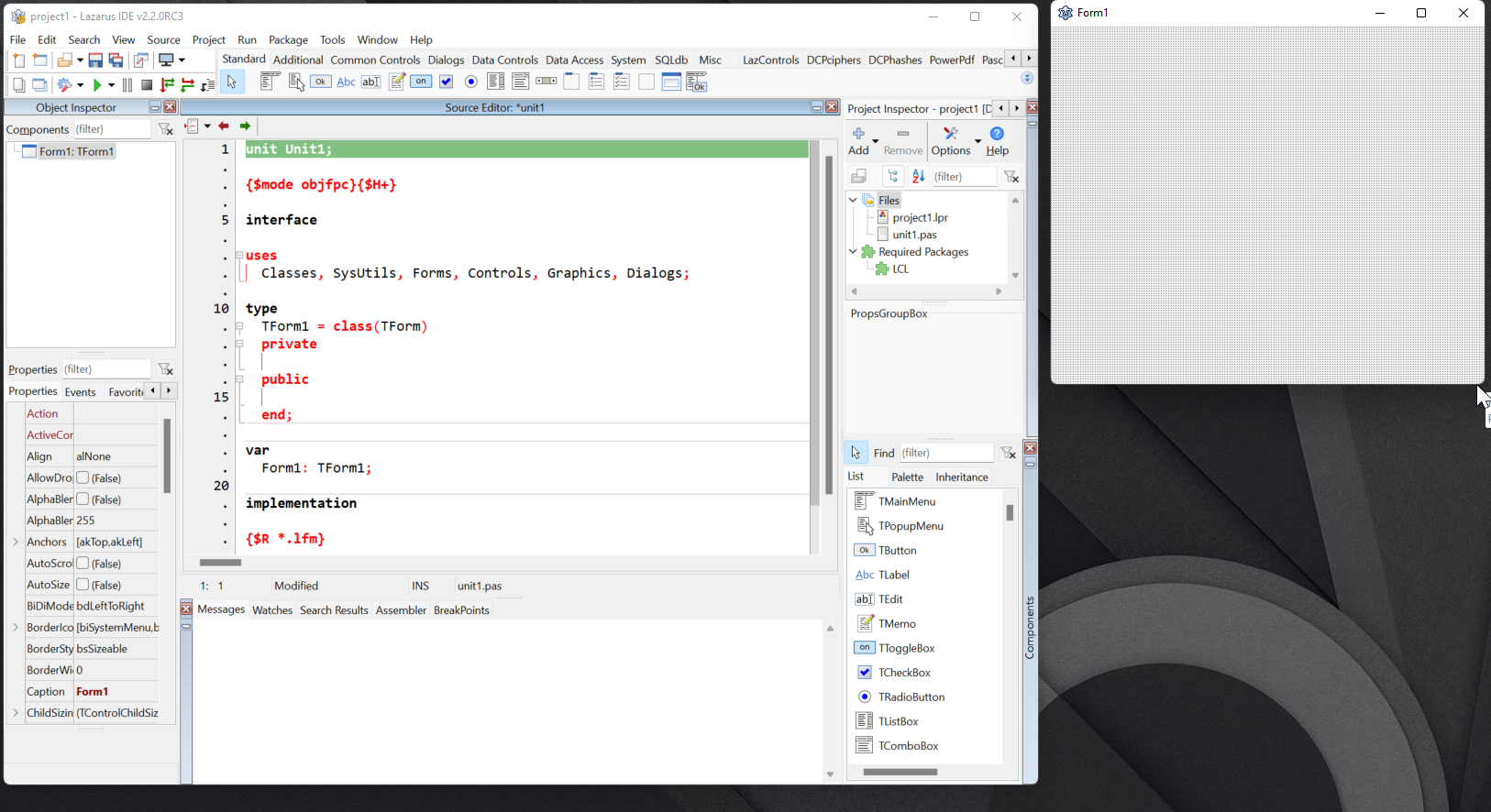 Lazarus IDE com docagem básica ativa