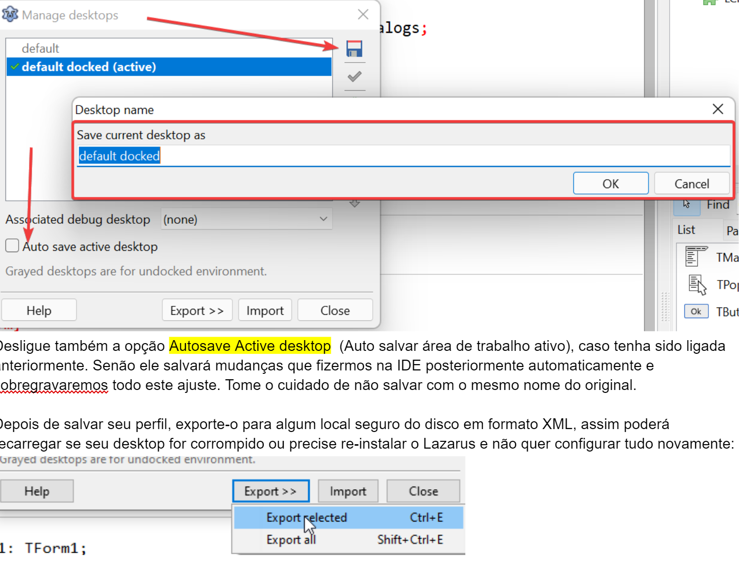 Menu para salvar desktop no Lazarus