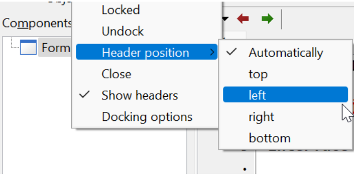 Object Inspector com cabeçalho à esquerda