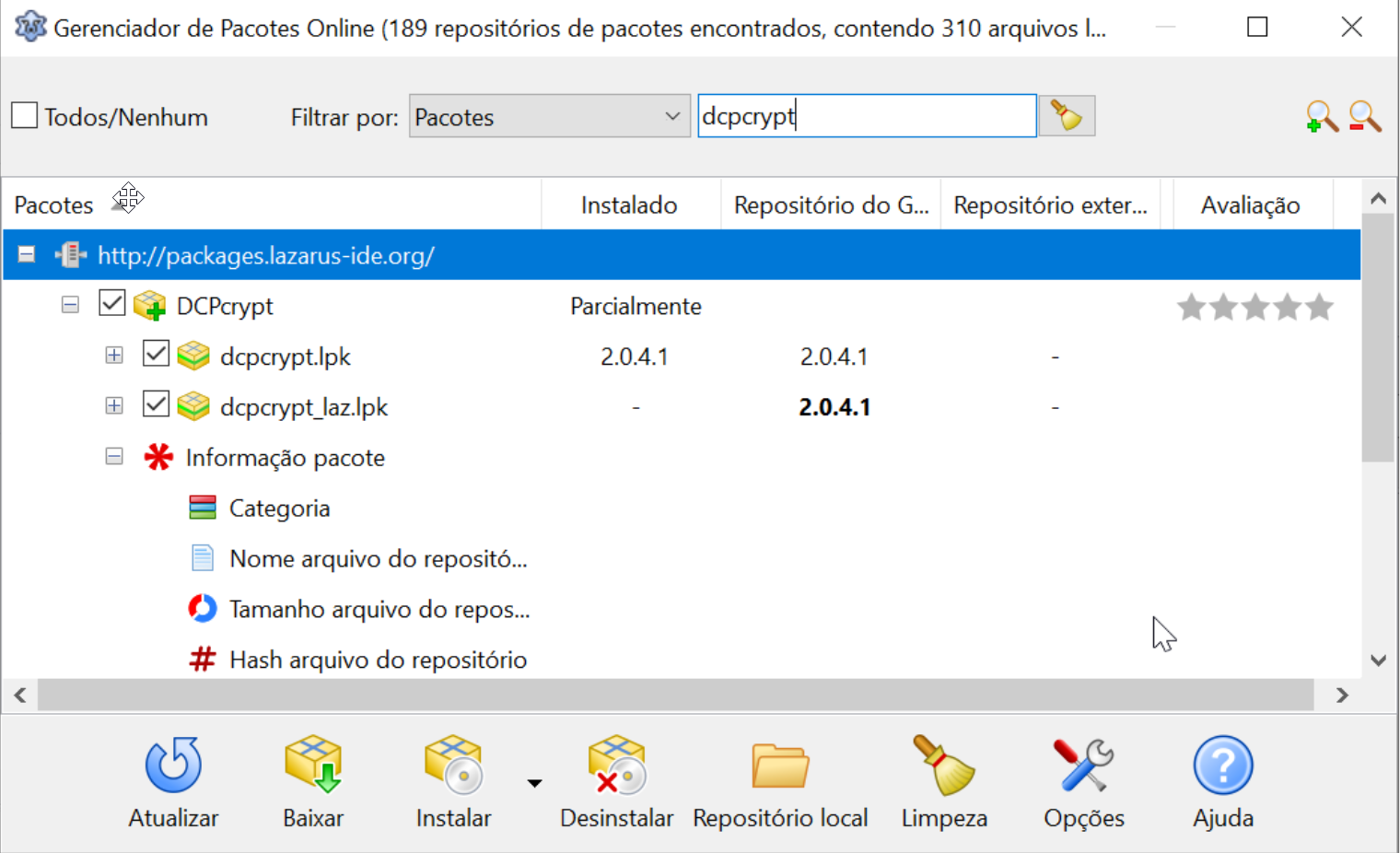 Seleção do DCPcrypt no Gerenciador de Pacotes Online