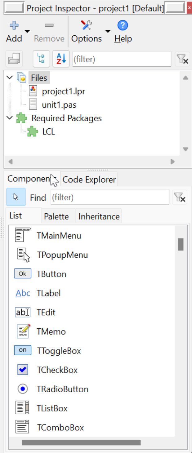 Project Inspector posicionado acima dos Componentes