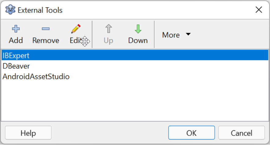 Exemplo de menu Tools com vários atalhos