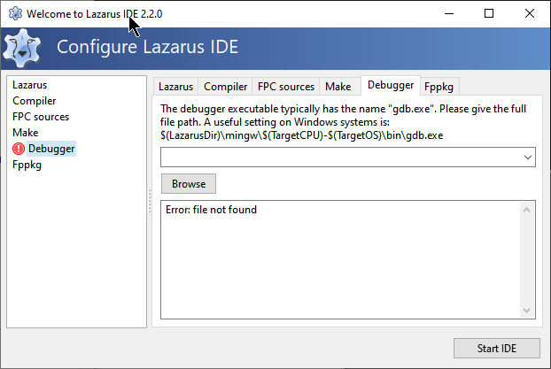 Aviso de GDB ausente na IDE