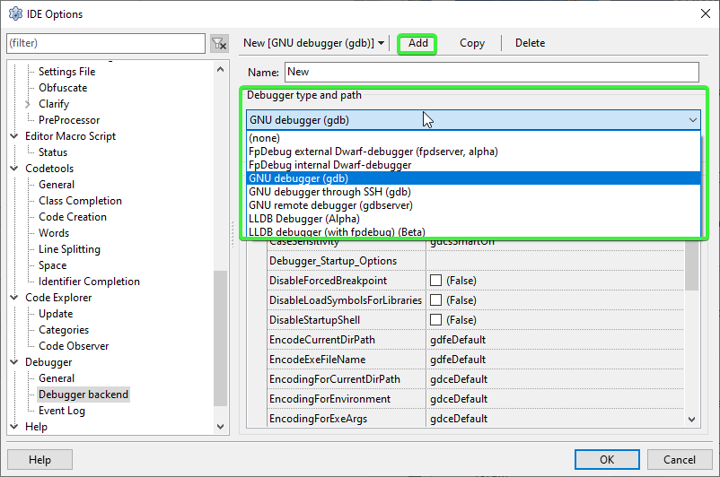 Selecionando GDB como backend de depuração