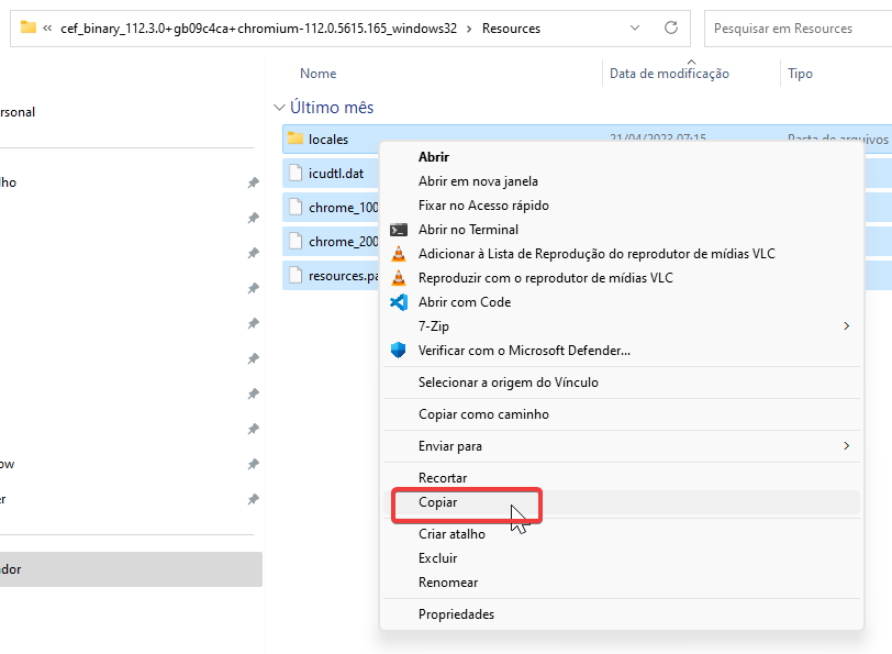 Arquivos de Resources selecionados
