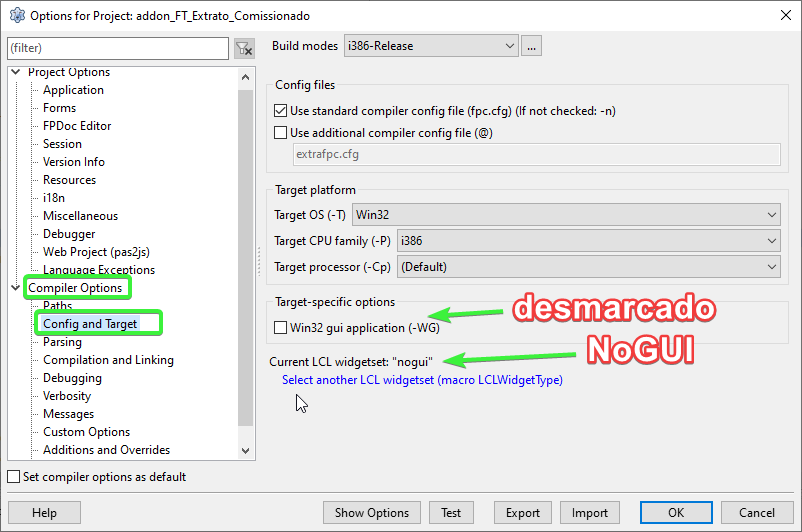 Configuração de Widgetset para NOGUI no Lazarus