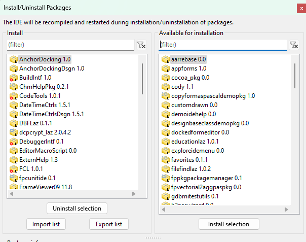 Interface de instalação de pacotes no Lazarus