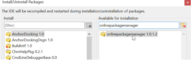Interface de instalação de pacotes no Lazarus