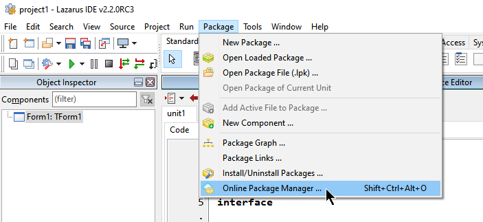 Menu Package exibindo Online Package Manager