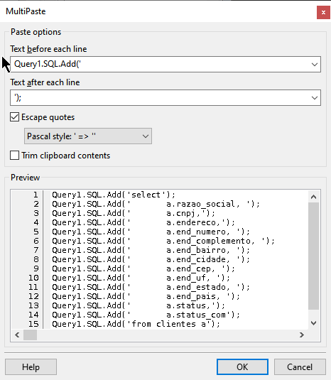 Configuração da janela Multi Paste no Lazarus
