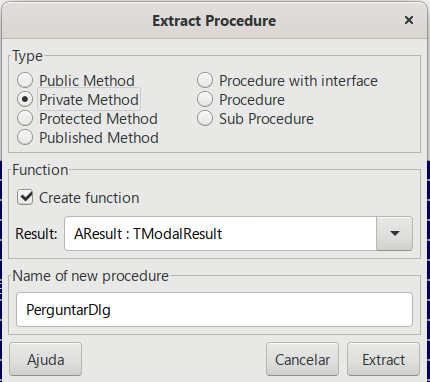 Diálogo de extração de procedimento