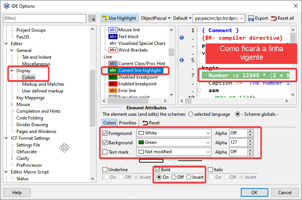 CORES DA LINHA ATUAL ONDE ESTIVER O CURSOR